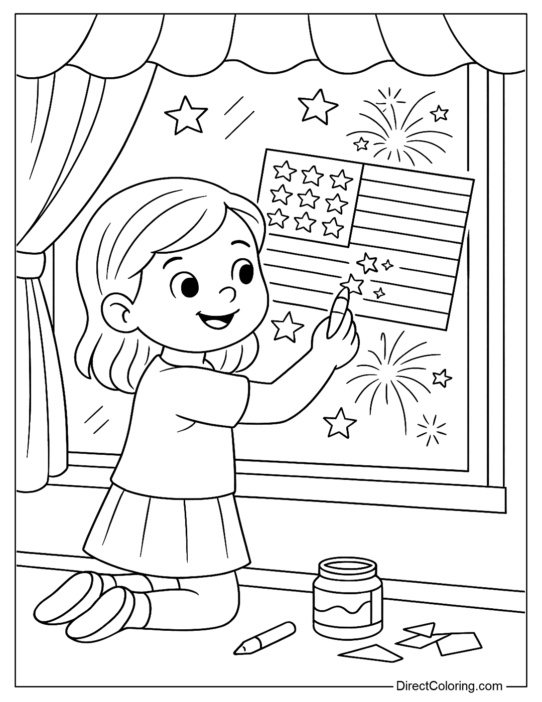 A coloring page of a glass window frame with an American flag decal, the child is gluing or drawing